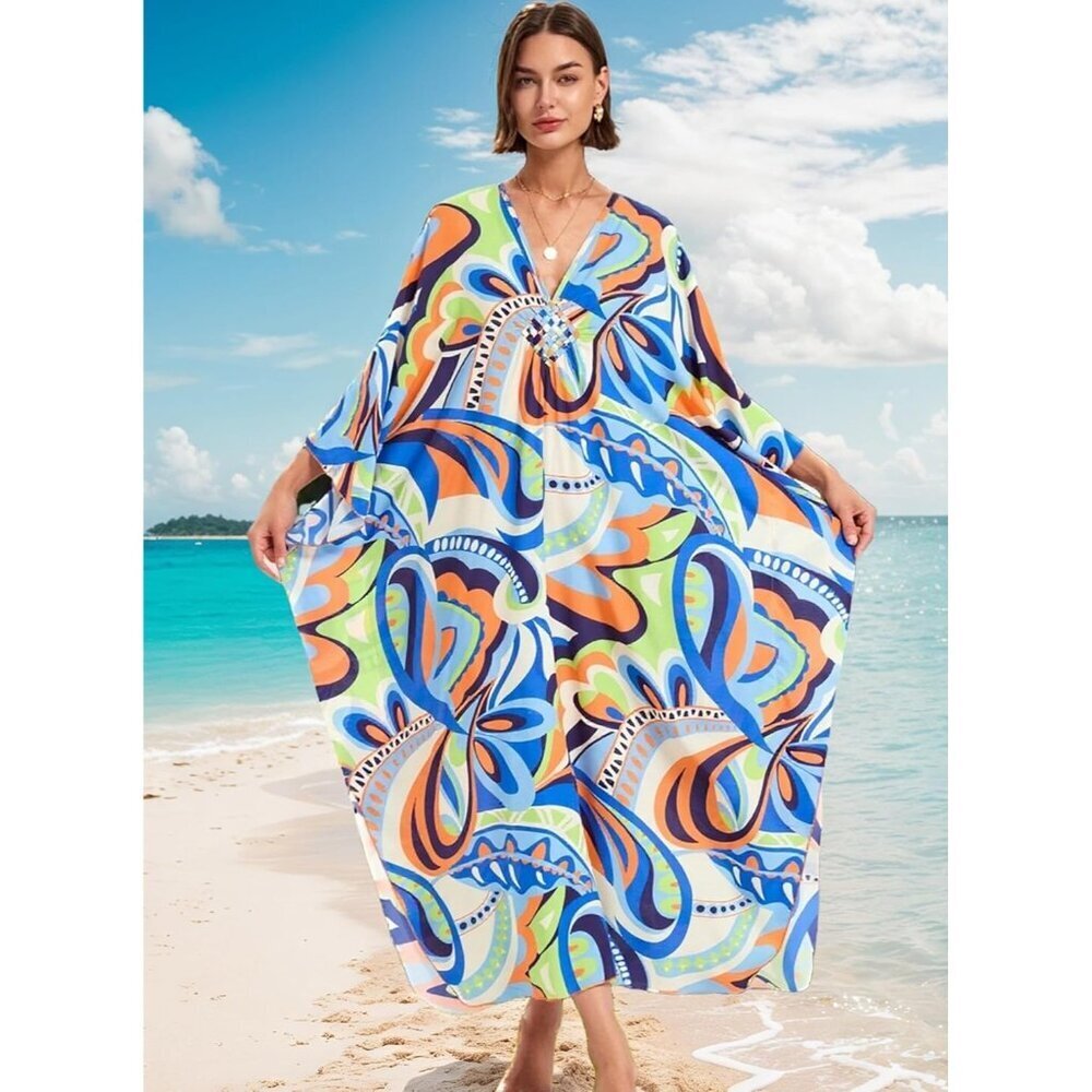 Women Blue Green Abstract Vneck Batwing Sleeve Flowy Split Bohemian Kaftan Dress - Picture 6 of 6